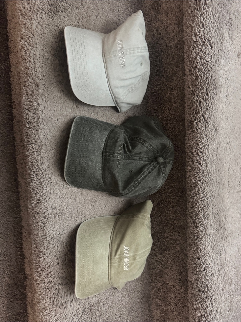 Joah Brown Trio of Washed Caps in Cream, Olive, and Gray